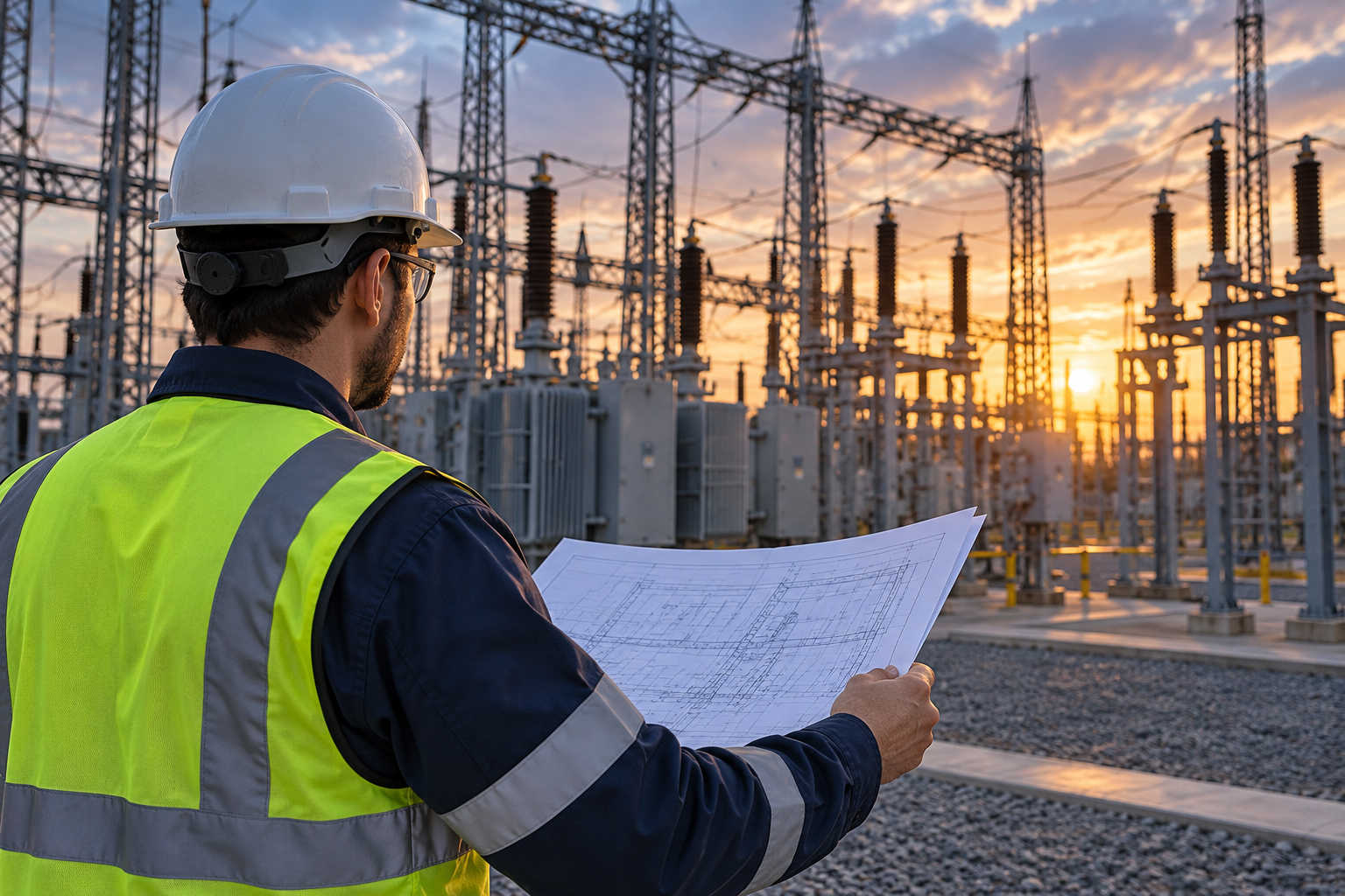 Ingeniero con planos al atardecer-3